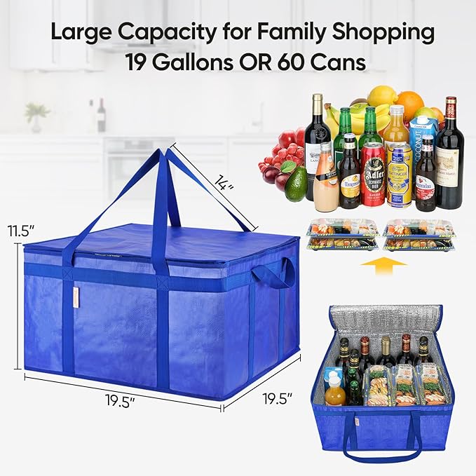 BALEINE 2Pk Insulated Reusable Grocery Bags, Collapsible Cooler Bag for Groceries, Heavy Duty Large Insulated Bag (19.5''x19.5''x11.5'', Midnight Blue)