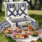 Picnic Basket Set for 4 with Waterproof Blanket Mat Insulation Bag Wicker White Navy Blue Stripe Classic Elegant Gift for Wedding Birthday Summer Camp Outdoor Camping Beach Travel Christmas