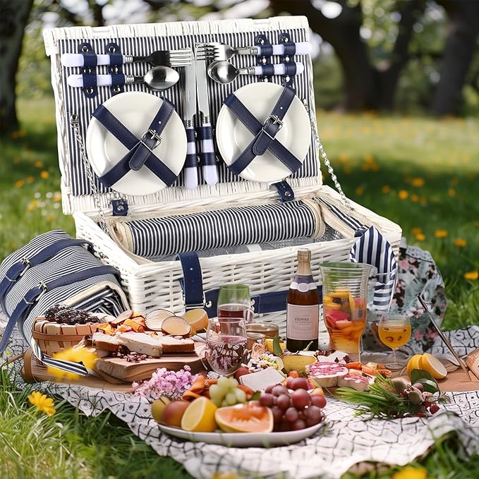 Picnic Basket Set for 4 with Waterproof Blanket Mat Insulation Bag Wicker White Navy Blue Stripe Classic Elegant Gift for Wedding Birthday Summer Camp Outdoor Camping Beach Travel Christmas