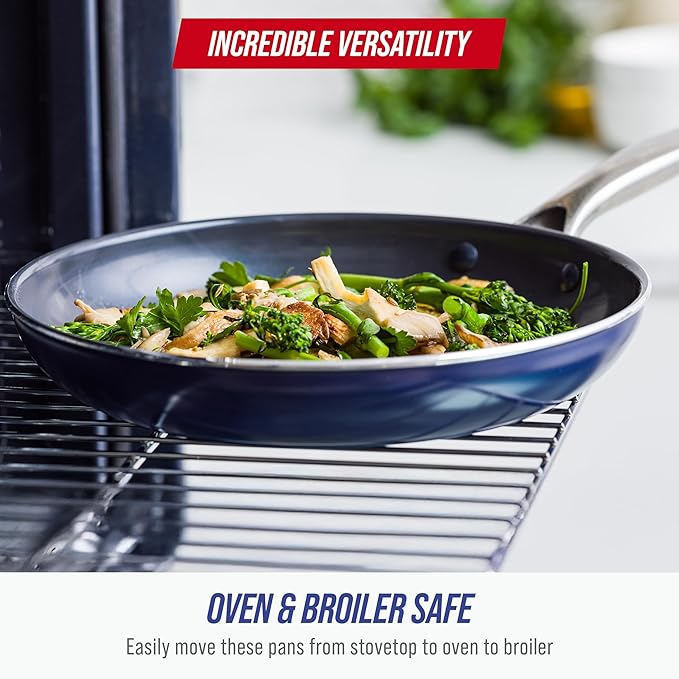 Blue Diamond 12" Nonstick Frying Pan with Lid, Diamond Infused PFAS & PTFE-Free Ceramic Skillet, Dishwasher & Oven Safe, Stay Cool Handle, Durable Non Toxic Metal Utensil Safe, Glass Lid, Blue