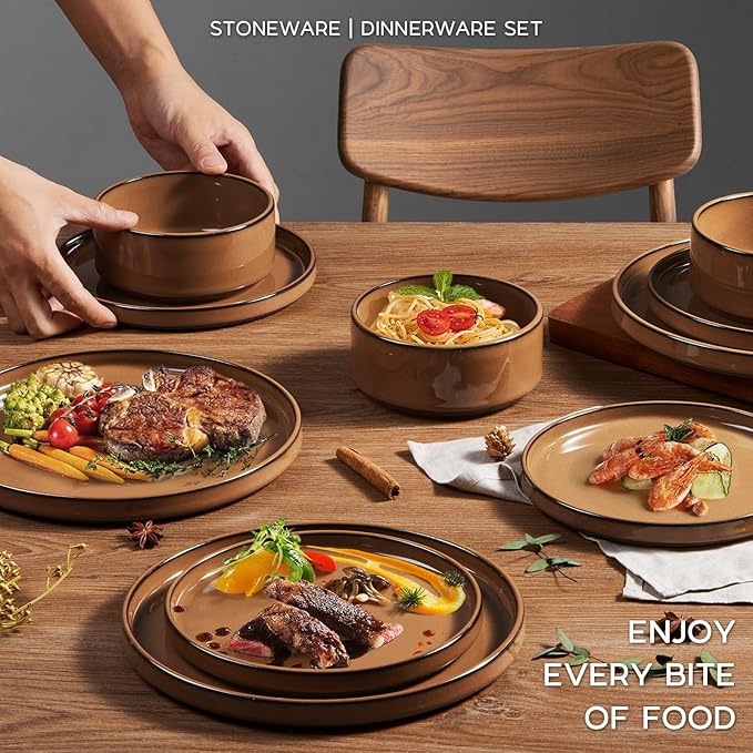 Stoneware Dinnerware Sets for 4, Onader Plates and Bowls with Unglazed Terracotta Bottom, Elegant Kitchen Ceramic Dish Dishware Set, Reactive Glaze 12 Piece - Earthy Umber