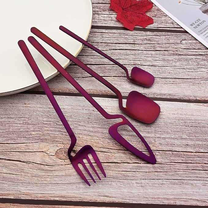 JASHII Silverware Set 24-Piece Stainless Steel Flatware Kitchen Utensil Service for 6 - Tableware Cutlery Dishwasher Safe (Matte Purple, Satin Finish)