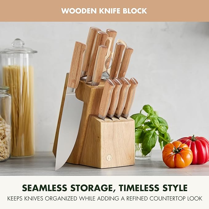 GreenPan Elite 13 Piece Wooden Knife Block Set, Professional Stainless Steel Blades with Titanium Coating, Ultra-Sharp Kitchen Cutlery, Chef, Santoku, Bread & Steak Knives, Ergonomic Wood Handles