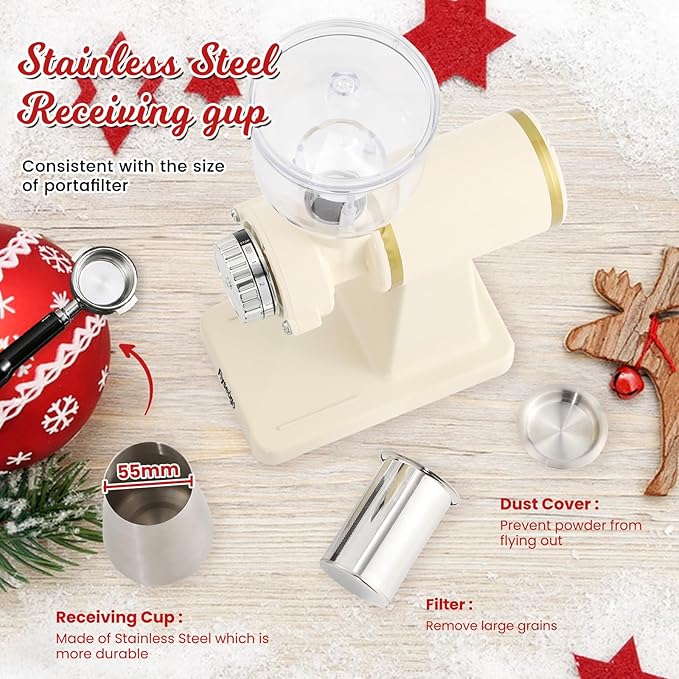 Electric Coffee Grinder Burr Espresso Coffee Bean Grinder Small Automatic Stainless Steel Coffee Mill With Brush, Creamy White