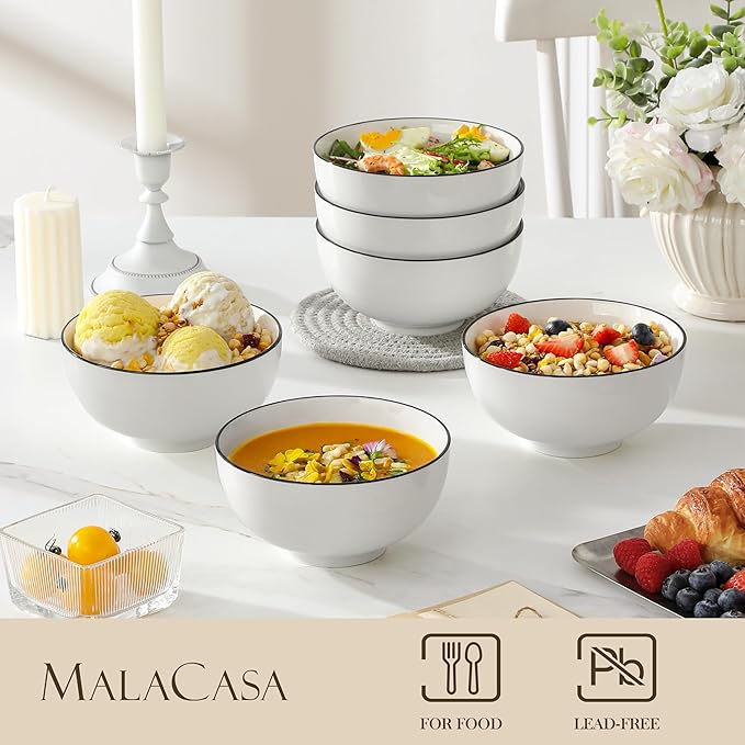 MALACASA Porcelain Soup Bowls, White Ceramic Cereal Bowls for Kitchen, Dishwasher and Microwave Safe, Series Regular 26Oz