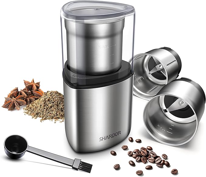 SHARDOR Electric Coffee Grinder Herb Blade Grinder Spices Grinder with 2 Removable Stainless Steel Bowls, Silver