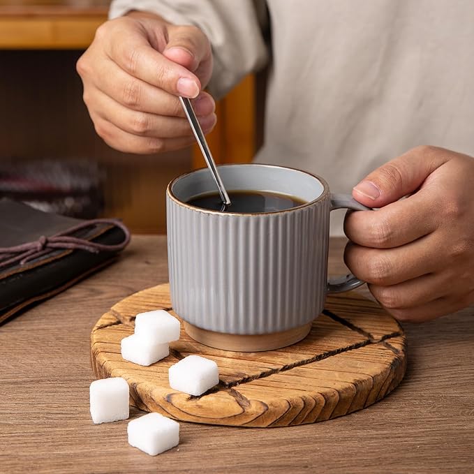 GBHOME 15OZ Stackable Coffee Mugs, Ceramic Coffee Mugs with Texture Patterns for Man,Woman,Dad,Mom, Modern Coffee Cups Set of 4 for Latte/Cappuccino/Cocoa. Dishwasher&Microwave Safe, Gray