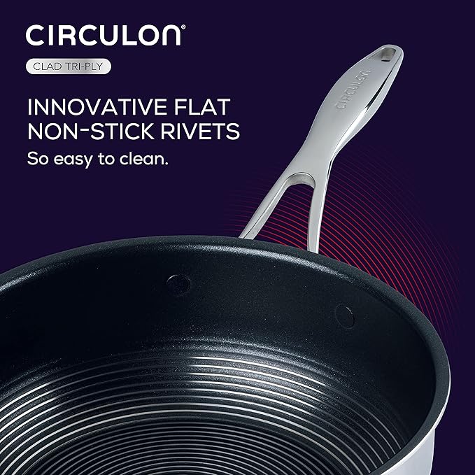 Circulon Clad Stainless Steel Saute Pan with Lid and Hybrid SteelShield and Nonstick Technology, 5 Quart - Silver