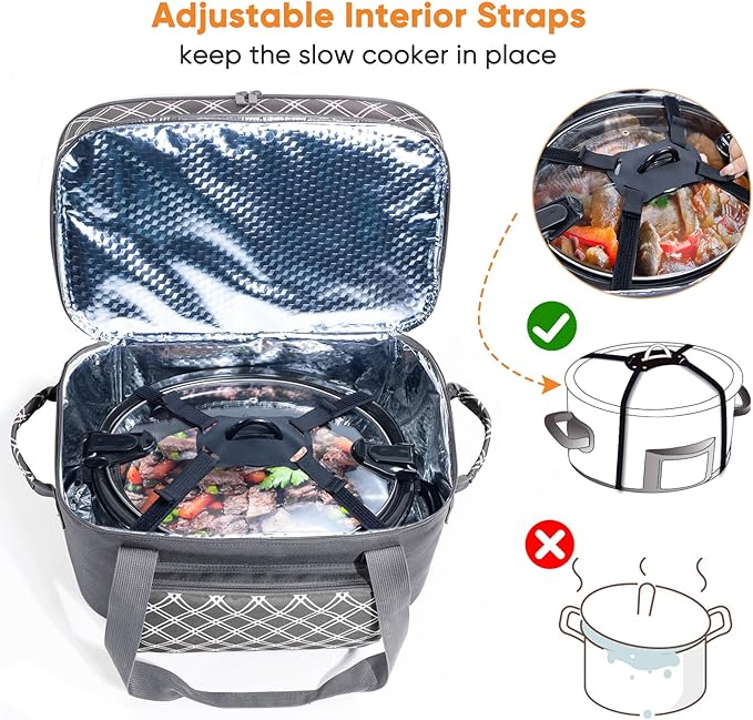 Double Layer Slow Cooker Carrier Bag – Fits 6–8 Qt Oval Slow Cooker Compatible with CrockPot & Hamilton Beach | Insulated Travel Tote with Utensil Storage & Adjustable Straps