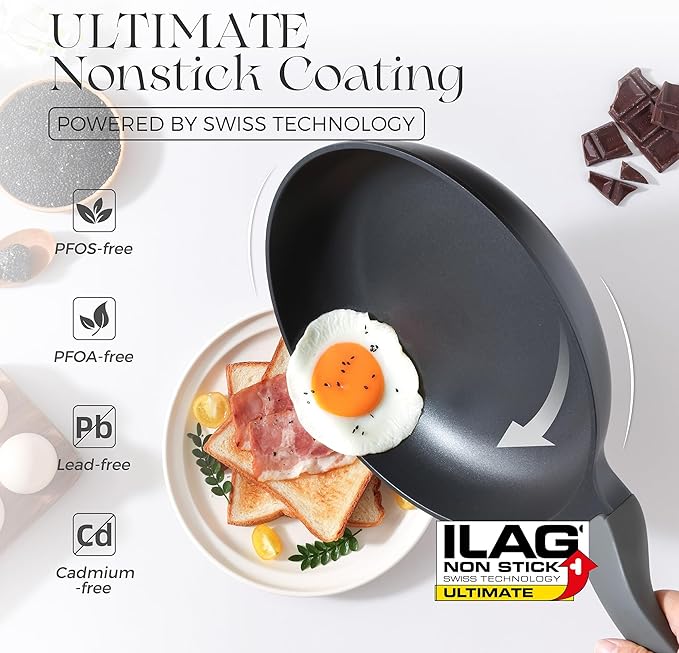 PRICUSIS Nonstick Frying Pan with Lid, 8/10 Inch Skillet with Stay Cool Handle, Fully Coated, Induction Compatible & Oven Safe, 100% Dishwasher Safe, PTFE & PFOA Free（10 Inch, Black Sesame）