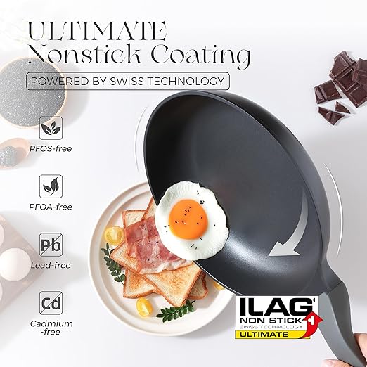 Nonstick Frying Pan, 8/10/12 Inch Skillet with Stay Cool Handle, Fully Coated, Induction Compatible & Oven Safe, 100% Dishwasher Safe, PTFE & PFOA Free（8 Inch, Black Sesame）