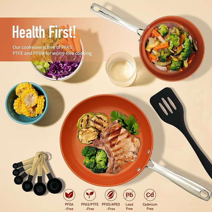 24 Pcs Pots and Pans Set Nonstick, Ceramic Cookware Sets, Kitchen Cookware Sets without PFAS, PTFE or PFOA, Compatible with All Stovetops, Oven Safe,Copper