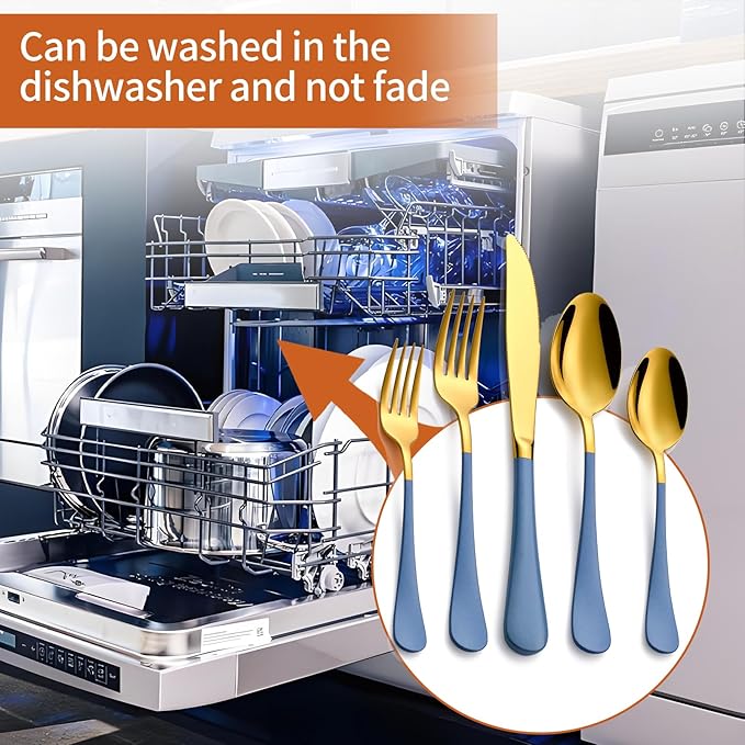 20 Piece Gold and Blue 18/0 Flatware Utensil Set for 4, Include Dinner Knife,Dinner Forks,Dinner Spoons,Salad Forks,Teaspoons,Silverware Set for 4, Dishwasher Safe