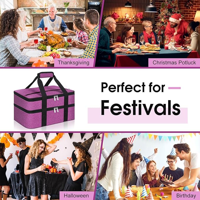 Double Insulated Casserole Carrier, Portable Casserole Carrier for Hot or Cold Food Lunch Tote Warmer or Cooler Bag, Lasagna Lunch Bag for Potluck Parties- Fits 9" x 13" Baking Dish-Rose Purple