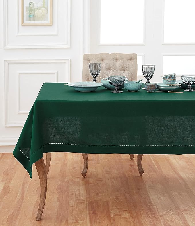 Solino Home Rainforest Green Linen Tablecloth 52 x 52 Inch - 100% Pure Linen Square Table Throw - Classic Hemstitch, Machine Washable Table Cloth for Fall, Autumn