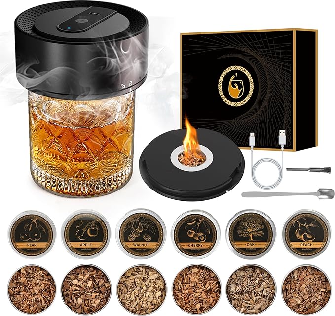 Electric Whiskey Smoker Kit with 6 Flavors Wood Chips, Rechargeable Cocktail Smoker Kit, No Butane Required (Built-in Lighter), Old Fashioned Drink Smoker Kit, Birthday Gifts for Men, Dad, Husband