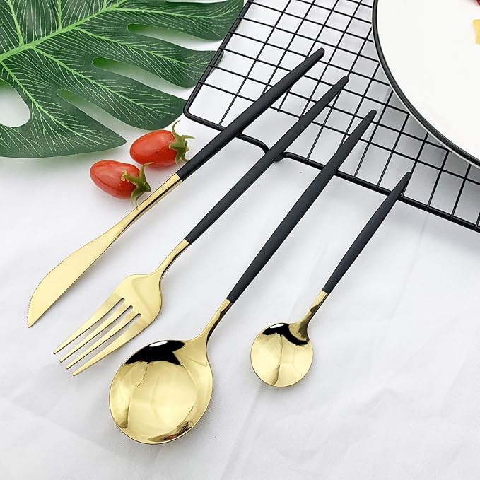 JASHII Flatware Serving Set 24 Piece, Stainless Steel Silverware Set, Titanium Black Gold Cutlery Set, Modern Elegant Tableware Set for Party, Christmas, Dinner (Black Gold)