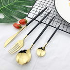 JASHII Flatware Serving Set 24 Piece, Stainless Steel Silverware Set, Titanium Black Gold Cutlery Set, Modern Elegant Tableware Set for Party, Christmas, Dinner (Black Gold)