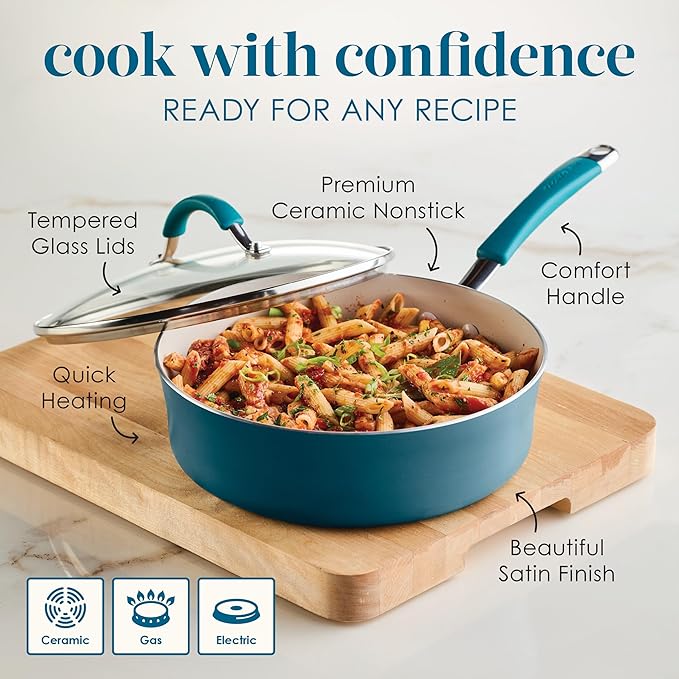 Rachael Ray Cucina Ceramic Nonstick Saute Pan with Lid, 3 Quart Non Stick Sauteuse Pan, Dishwasher Safe - Marine Blue