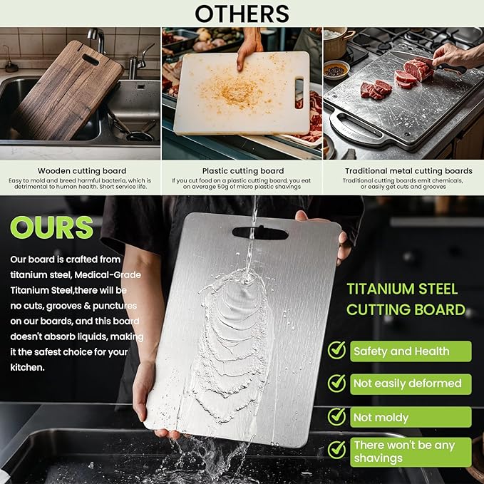 Titanium Cutting Board, 2025 New Upgrade 100% Pure Titanium Cutting Boards for Kitchen, Hygiene & Durability Non Stick Titanium Chopping Board, Double sided Titanium Cutting Mat, Easy to Clean (18*12)