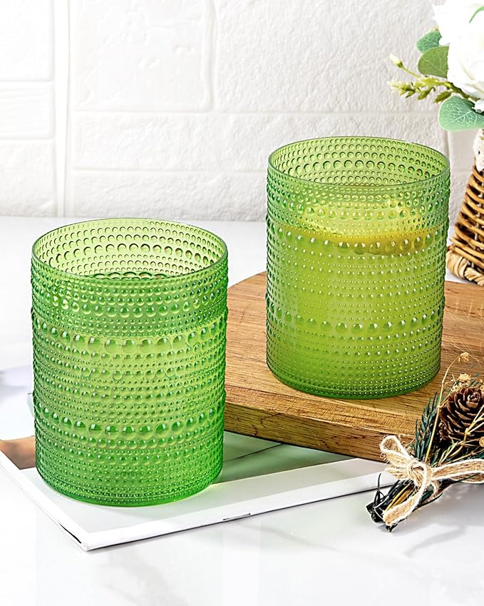 18PCS Hobnail Plastic Drinking Glasses - 14Oz Beaded Glasses Drinkware Set Disposable - Green Vintage Plastic Bubble Glassware for Beer, Juice, Cocktail, Whiskey, Milk and Various Mixed Drinks