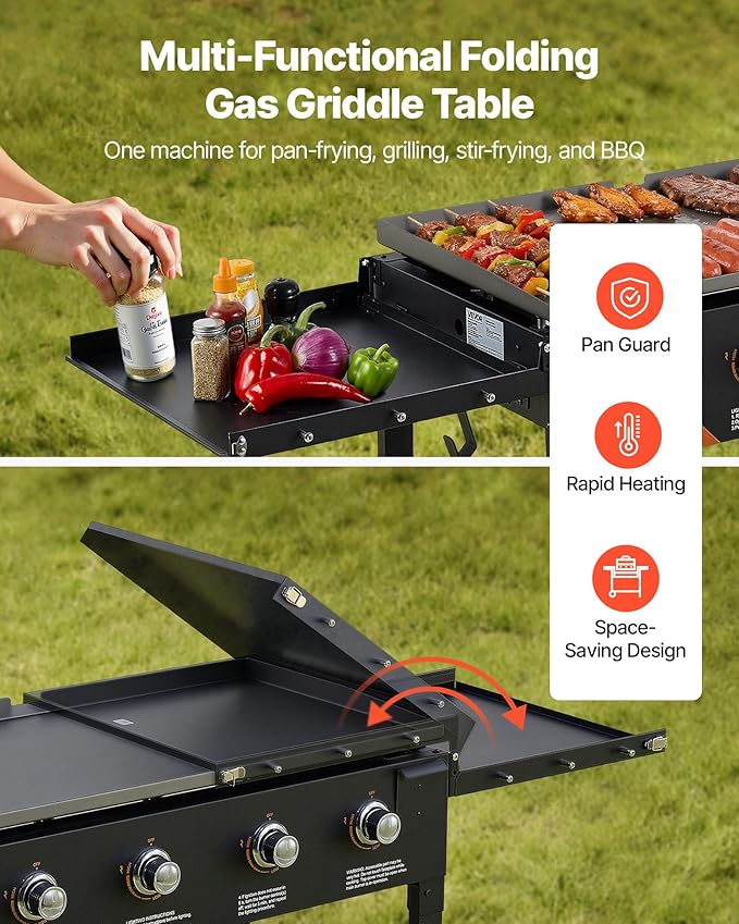 VEVOR Gas Griddle, 4-Burner Flat Top Grill, 36 inch Grill Plate Foldable Propane Griddle with Wheels, 60000 BTU Outdoor Flat Top Grills for Pan-Frying, Grilling, Stir-Frying, & BBQ, Pulse Ignition