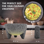 Elly Mexican Molcajete 8in, Handmade with Natural Volcanic Stone, Mortar and Pestle Set for Guacamole, Spices, Salsa, Pesto & More, Authentic Lava Rock, Includes Free Tortilla Warmer