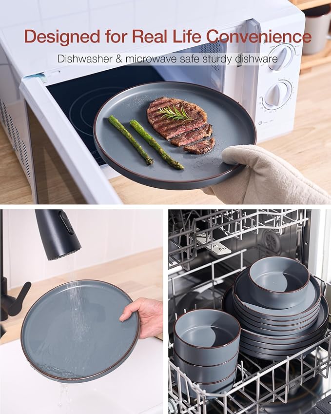 Famiware Nebula Ridge Stoneware Dinnerware Sets, Plates and Bowls Sets for 4, 12 Pieces Dishes Set, Microwave and Dishwasher Safe Kitchen Plates, Charcoal