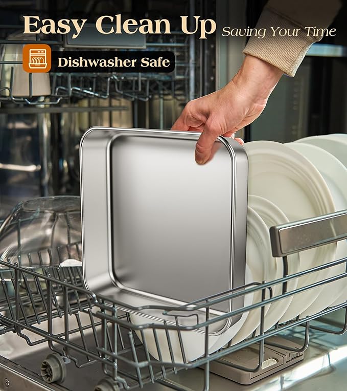 8 x 8-Inch Baking Pan with lid, 304 Stainless Steel Square Cake Pan, Commercial Grade Bakeware for Cakes Brownies Casseroles, Thicker Rectangle Sheet Cake Pans, Non-toxic & Heavy Duty &Dishwasher Safe