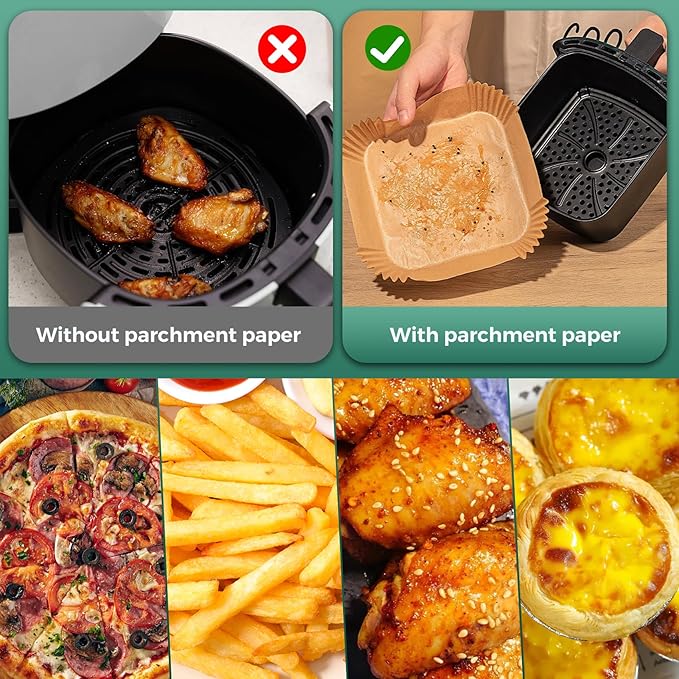 400 Pcs Air Fryer Paper Liners, 8" Square Air Fryer Liners Disposable, Heavy-Duty Parchment Paper for 5-8 qt Airfryer Basket, Non-Stick & Grease-Proof Baking Liner for Oven Pan