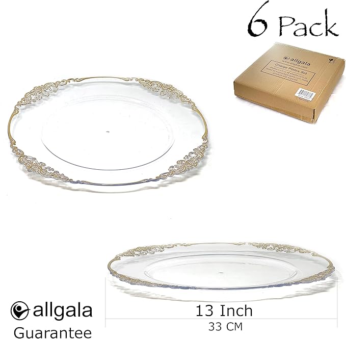 allgala Heavy Quality Round Charger Plates - Clear Chargers for Dinner Plates - Set of Charger Plates for Table Decor - Ideal for Weddings, Thanksgiving Parties & Holidays - Clear (13-Inch 6-Pack)