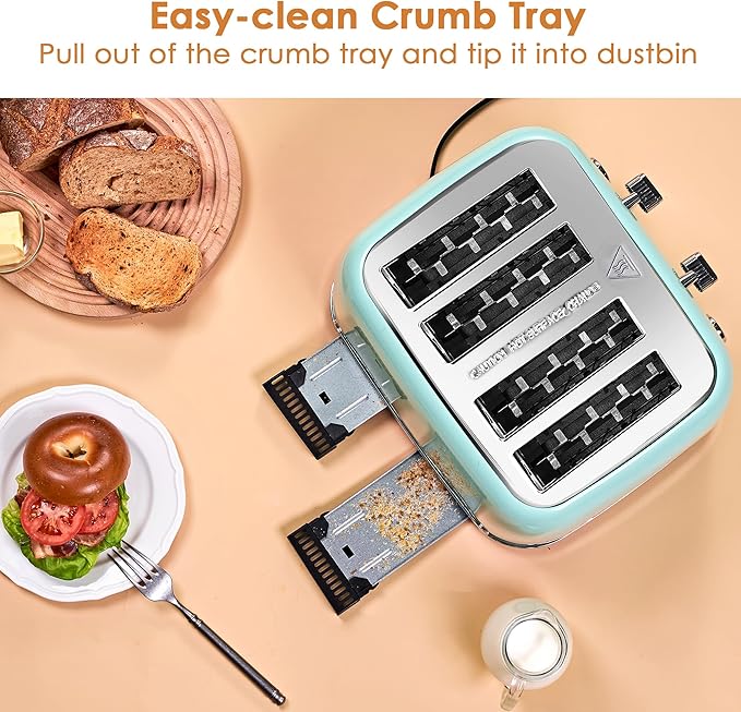 Roter Mond Toaster 4 Slice Retro Stainless Steel with Extra Wide Slots Bagel, Defrost, Reheat Function, Dual Independent Control Panel, Removable Crumb Tray, 6 Browning Levels, Aqua Green