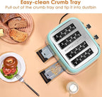 Roter Mond Toaster 4 Slice Retro Stainless Steel with Extra Wide Slots Bagel, Defrost, Reheat Function, Dual Independent Control Panel, Removable Crumb Tray, 6 Browning Levels, Aqua Green