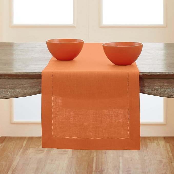 Solino Home Linen Pumpkin Hemstitch Table Runner 48 Inches - 100% Pure Linen Small Table Runner 14 x 48 Inch Ideal for Dresser and Coffee Tables - Classic Hemstitch - Fall, Autumn, Halloween
