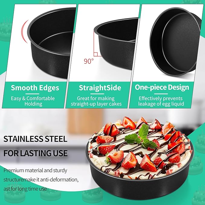 P&P CHEF 8 Inch Cake Pan Set of 3, Non-Stick Round Cake Pans Tins for Tier Smash Cakes, Baking Pans Set & Essential Bakeware, Stainless Steel Core & Leak-Proof