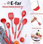 E-far 14 Pieces Silicone Cooking Utensils Set, Kitchen Utensils Set with Holder, Spatula, Ladle, Spoon, Tong, Slotted Turner for Nonstick Cookware, 446°F Heat Resistant & Stainless Steel Handle, Red
