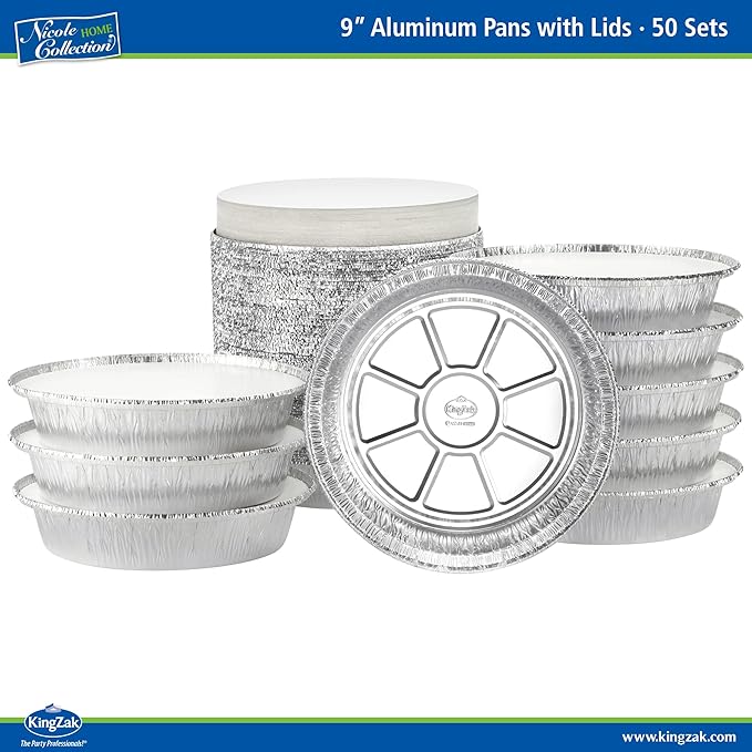 Nicole Home Collection Aluminum Pans 9” Round Disposable Foil Pans With Lids (50 Pack) – 9 Inch Round Disposable Takeout Pans With Board Lids (9" Inch Round)
