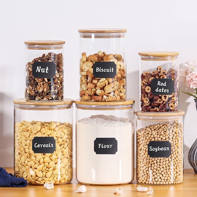 Glass Storage Containers with Lids, Glass Jars with Bamboo Lids, Large Food Storage Jar, Sugar, Pantry Storage Container for Pasta Rice Flour Oats Nuts Tea Spice (Round 27oz*2+54oz*2+100oz*2)