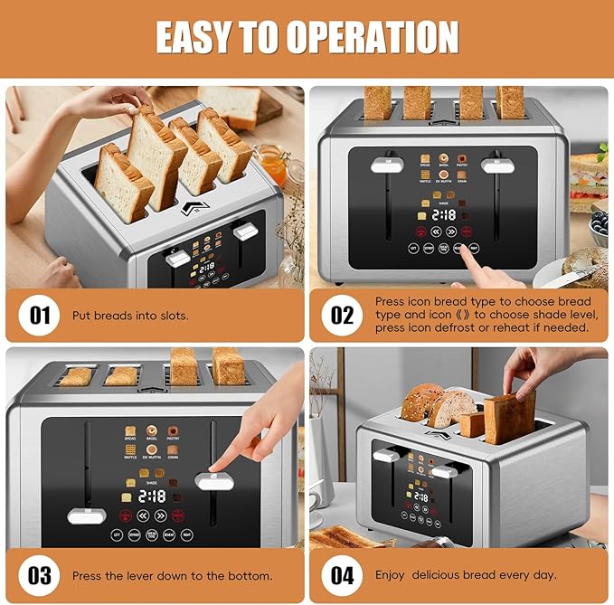 4 Slice Toaster, Touchscreen & Dual Independent Control Panel，5 Basic Functions & Digital Countdown Toasters, 6 Shade Settings＆6 Bread Types, Smart Bread Maker Mute/Screen-Off,White