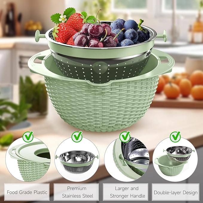 4-1 Strainer Bowl with Lid Set - Strainers and Colanders - Colanders for kitchen - Food Strainer with Graters & Spoons - Fruit Washing Bowl with Colander Pasta Rice Strainer for Veggie Wash Green