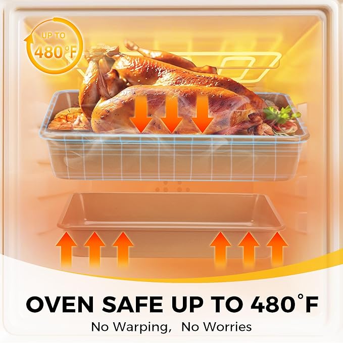 HONGBAKE Deep Baking Pans Set of 3, Nonstick Rectangle Sheet Cake Pans, 13/11/9 Inch Metal Oven Tray for Cooking Lasagna Brownie, Stackable Multi-Depth Bakeware, Golden