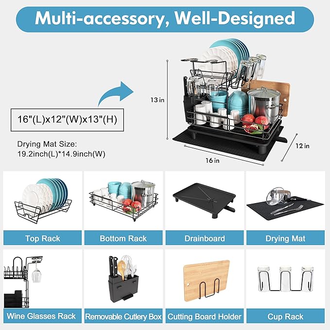 2 Tier Black Large Stainless Steel Dish Drainers Drying Rack for Kitchen Counter with Drainboard, Rust Proof Metal, Space Saving, Modern Aesthetic, Compact Plates Strainers with Extra Mat