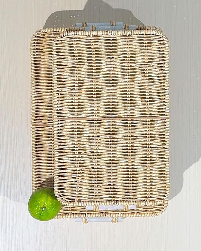 Woven Kitchen Storage Baskets Rattan Fruit Tray for Decoration Rectangular Bread Baskets with Wooden Handles, Outdoor Serving Tray for Coffee Table, Picnic Food, Snacks, Vegetables, 2-Piece, Natural