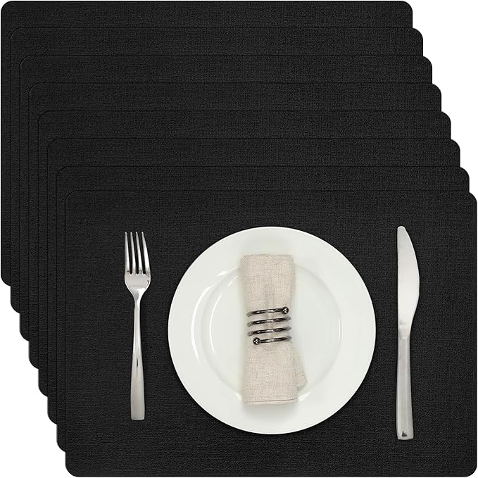 Myir JUN Placemats Dual Sided, Faux Leather Place Mats Set of 8 Indoor Placemats for Dining Table Non-Slip Washable Placemats Heat Resistant Outdoor Table Mats (Set of 8, Black)