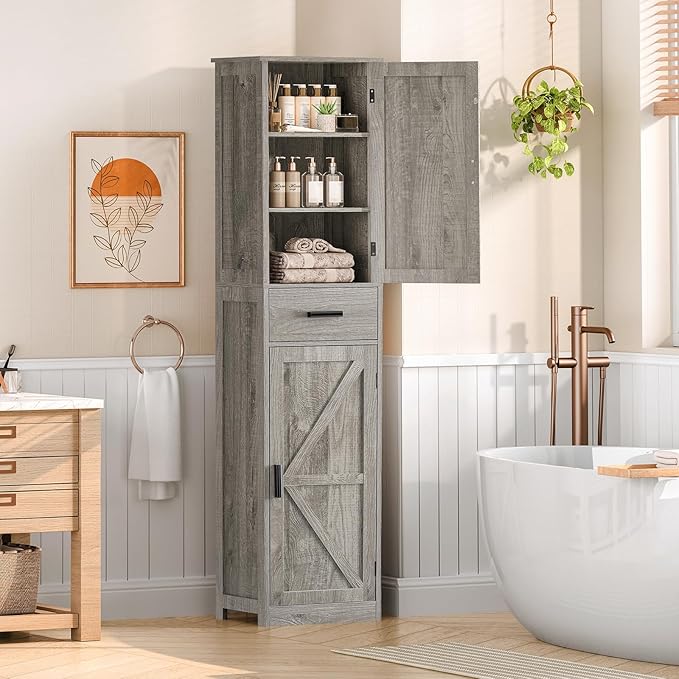 WEENFON Tall Storage Cabinet, Bathroom Cabinet with 6 Shelves & Drawer, Narrow Storage Cabinet with Adjustable Shelves, Tall Cabinet for Living Room, Home Office, Rustic Gray