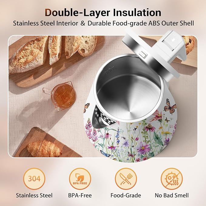 1.2L Double Wall Stainless Steel Interior Water Boiler, Cordless, 1000W Fast Boil with LED Light Coffee Pot & Tea Electric Kettle, Auto Shut-Off and Boil-Dry Protection (Chroma Blossom)
