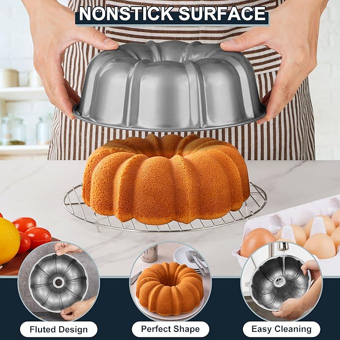 Homikit Cake Pan 10 Inch, 2 Pack Heavy Duty Carbon Steel Fluted Tube Round Pans 10 Cups for Baking Pound Cakes, Jello, Brownie, Monkey Pumpkin Bread, Oven Safe & Easy Release, Gray