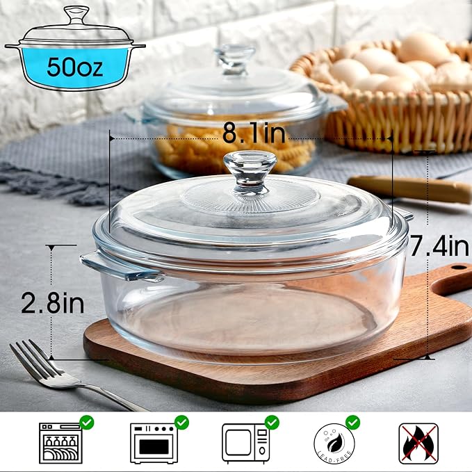 NUTRIUPS Small Glass Casserole Dish with Lid Oven Safe Covered Round Casserole Dish 8" Glass Microwavable Bowl With Lid Microwavable Cookware (Small-1.7L)
