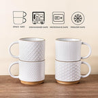 GBHOME 15OZ Stackable Coffee Mugs, Ceramic Coffee Mugs with Texture Patterns for Man,Woman,Dad,Mom, Modern Coffee Mugs Set of 4 for Latte/Cappuccino/Cocoa. Dishwasher&Microwave Safe, Off White
