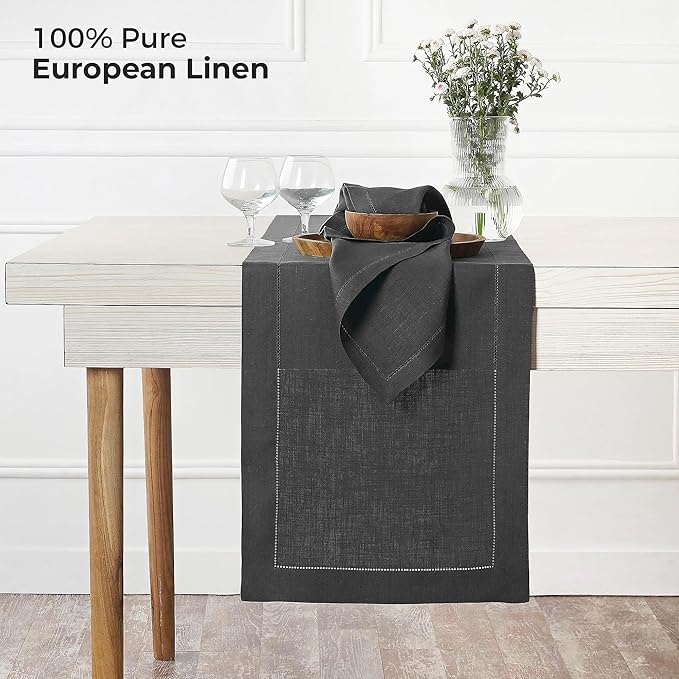 D'Moksha Homes Linen Charcoal Grey Table Runner 120 Inches Long - 100% Pure Linen Hemstitch 14 x 120 Inch Table Runner for Dining, Summer, Fall and Halloween - Classic Hemstitch